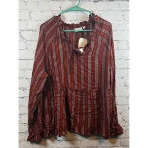 Wonderly Peplum Blouse Tie‎ Neck Long Sleeve Striped Top XL